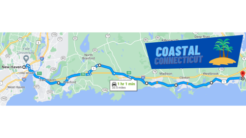 Map showing a route from New Haven to Westbrook, Connecticut, labeled "Coastal Connecticut" with palm tree graphics.