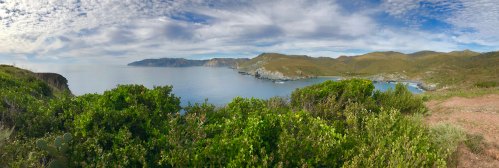 Panoramic view of a serene coastline with lush greenery, rocky cliffs, and rolling hills under a cloudy sky.
