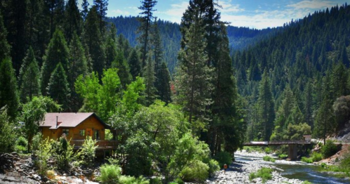 A cozy wooden cabin by a river, surrounded by lush green trees and mountains under a clear blue sky.