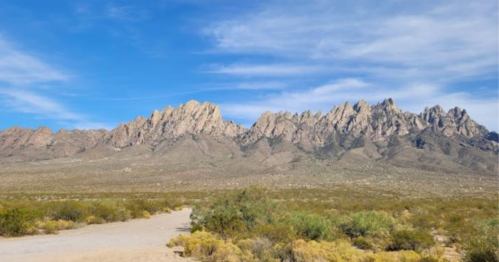 A rugged mountain range under a blue sky, surrounded by desert vegetation and a sandy path in the foreground.