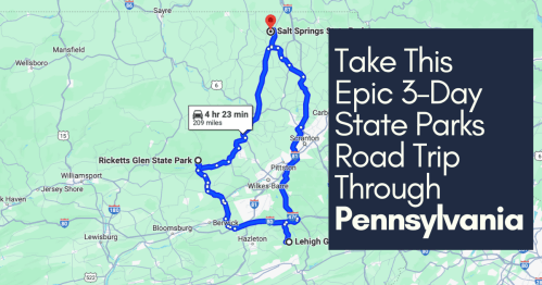 Map highlighting a 3-day road trip route through Pennsylvania's state parks, starting and ending at Salt Springs.