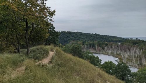 A scenic view of a river surrounded by trees and hills under a cloudy sky, with a grassy path in the foreground.