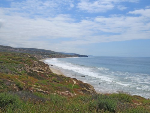 A scenic coastal view with rolling waves, rocky shoreline, and lush greenery under a partly cloudy sky.