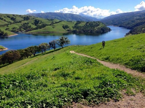 A scenic view of a lake surrounded by green hills and trees under a clear blue sky. A path winds through the grass.