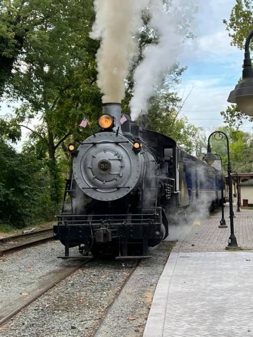 A vintage steam locomotive with smoke billowing, parked on tracks surrounded by trees and a quaint station.
