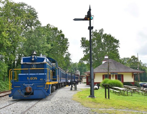 A blue train at a small station, with a signal post and green trees in the background.