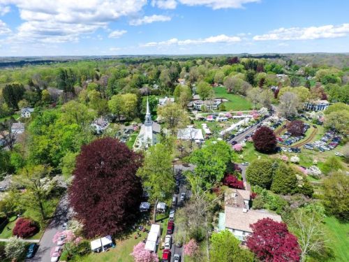 Aerial view of a lush green landscape with a church, colorful trees, and parked cars in a scenic rural area.