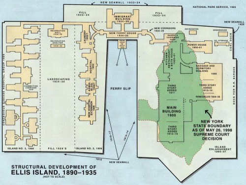 Map showing the structural development of Ellis Island from 1890 to 1935, including buildings and boundaries.