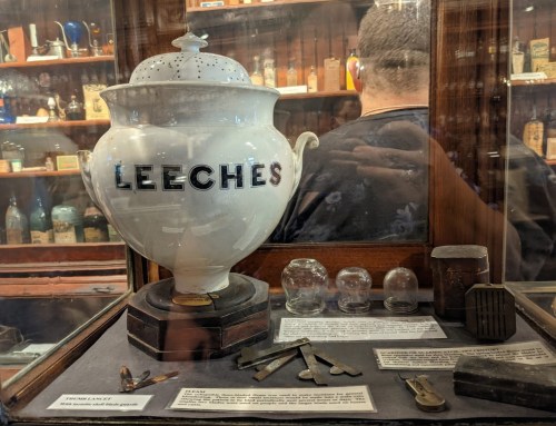 A vintage display featuring a large white jar labeled "LEECHES" and various antique medical tools behind glass.