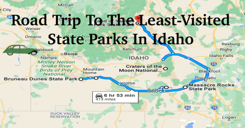 Map showing a road trip route to Idaho's least-visited state parks, including Craters of the Moon and Massacre Rocks.