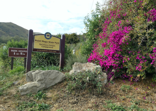 Sign for Point Mugu State Park with vibrant flowers and rocky landscape in the background. Park hours displayed.