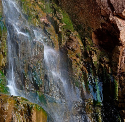 A cascading waterfall flows over rocky terrain, surrounded by moss and earthy tones.