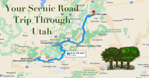 Map of a scenic road trip through Utah, highlighting routes from Springdale to Fish Lake, with key stops marked.