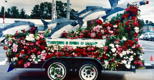 A colorful parade float decorated with flowers and large fish sculptures, featuring the phrase "Everything is Coming Up Salmon."