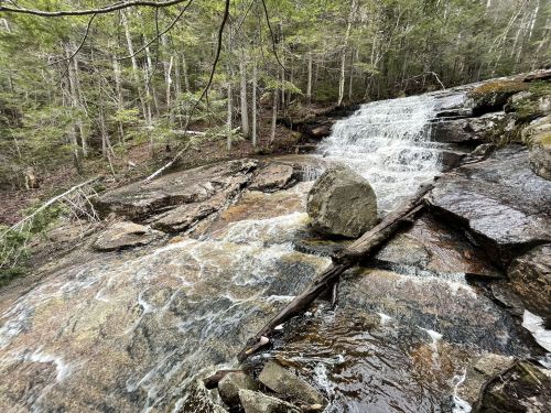 A serene waterfall cascades over rocky terrain, surrounded by lush green trees in a tranquil forest setting.