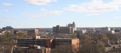 A panoramic view of a city skyline with buildings, trees, and a cloudy sky in the background.