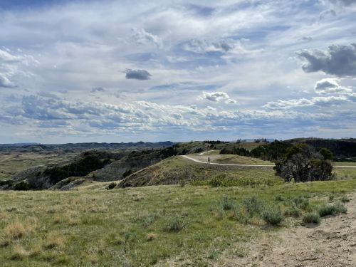 A scenic view of rolling hills and a winding road under a cloudy sky, with sparse vegetation in the foreground.