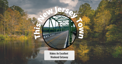 A scenic view of a bridge over a calm river, surrounded by autumn foliage, promoting a New Jersey weekend getaway.
