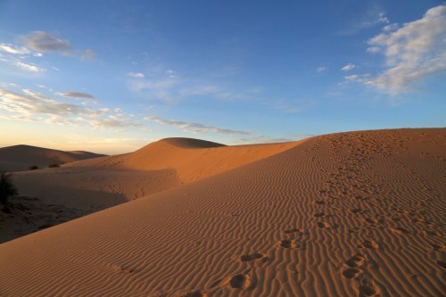A serene desert landscape with rolling sand dunes under a blue sky, featuring soft clouds and visible footprints in the sand.