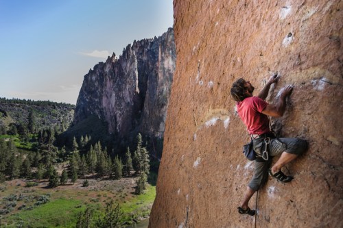 A climber ascends a rocky cliff with a scenic landscape of trees and mountains in the background.