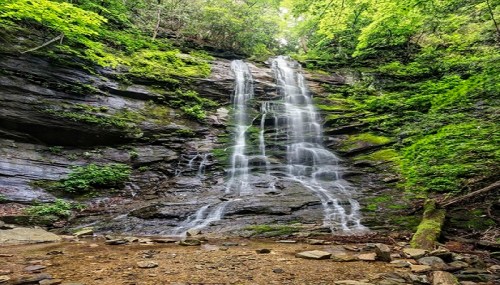 A serene waterfall cascading down rocky cliffs, surrounded by lush green foliage and a tranquil stream below.
