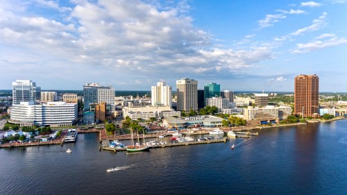 Aerial view of a city skyline along a river, featuring modern buildings and boats on the water under a blue sky.