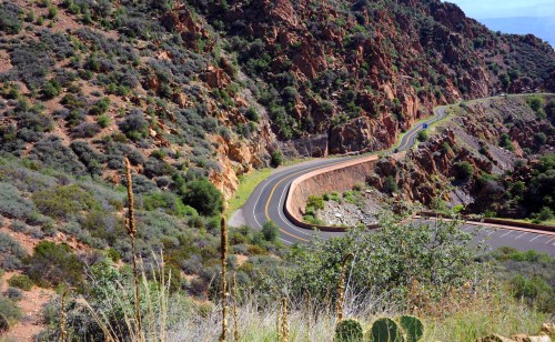 Winding road through rocky terrain with greenery and cacti in the foreground.