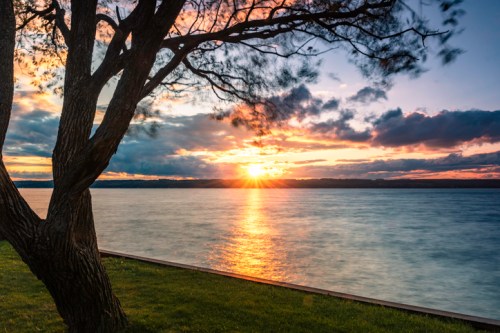A serene sunset over a calm lake, with a silhouetted tree in the foreground and colorful clouds in the sky.