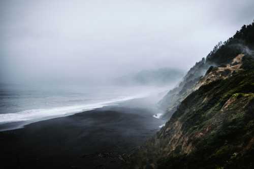 A misty coastal scene with dark sand, waves, and a rugged cliff covered in greenery under a cloudy sky.