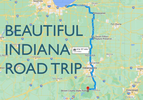 Map showing a road trip route through Indiana, highlighting Brown County State Park and major cities along the way.