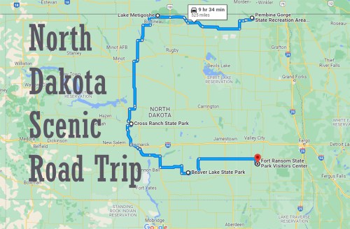 Map of a scenic road trip in North Dakota, highlighting key parks and travel routes. Total distance: 325 miles.