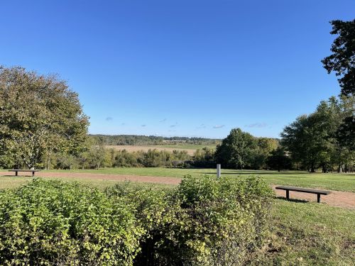 A clear blue sky over a green landscape with trees and a distant field, featuring benches in the foreground.