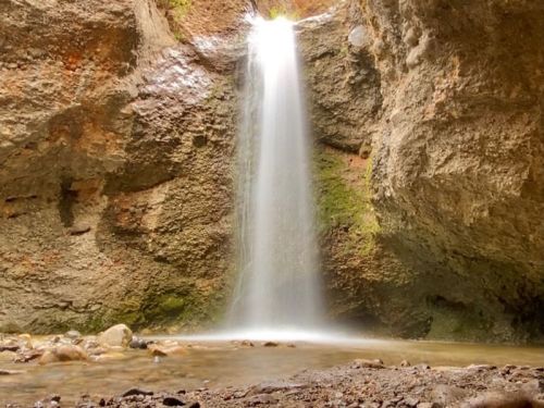 A serene waterfall cascades down rocky cliffs into a calm pool, surrounded by lush greenery and textured stone.