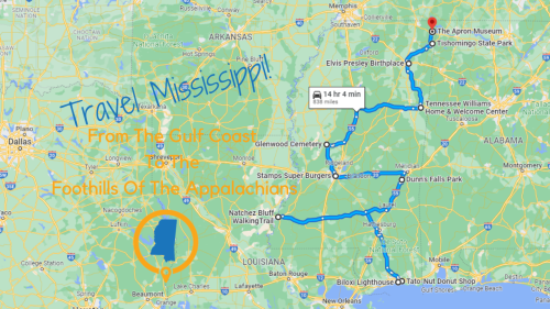 Map of Mississippi highlighting travel routes from the Gulf Coast to the Appalachian foothills, with notable landmarks.