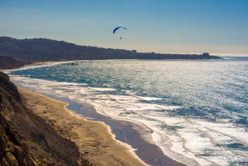 A scenic beach view with a paraglider soaring above sparkling waves and a distant coastline under a clear blue sky.