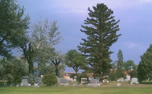 A serene cemetery scene with gravestones, trees, and a cloudy sky in the background.