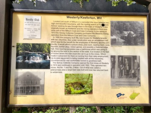 Sign about the history of the Varsity Club and the Solvay Celotex Company in Keeferton, WV, with historical context.