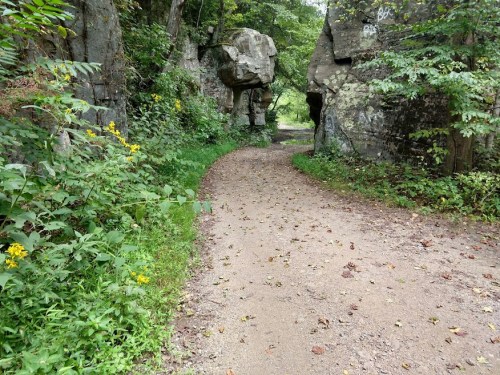 A winding dirt path surrounded by greenery and rocky formations, leading through a natural landscape.