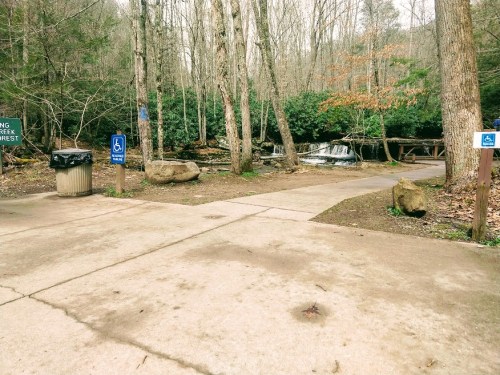 A pathway leads to a small waterfall, surrounded by trees, with accessible signs and a trash can nearby.