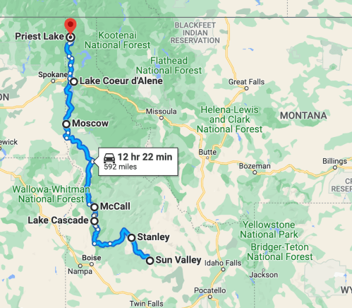 Map showing a route from Priest Lake to Sun Valley, covering 592 miles with an estimated travel time of 12 hours 22 minutes.