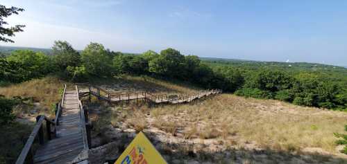 A wooden walkway leads through grassy terrain, surrounded by trees and a clear blue sky in the background.