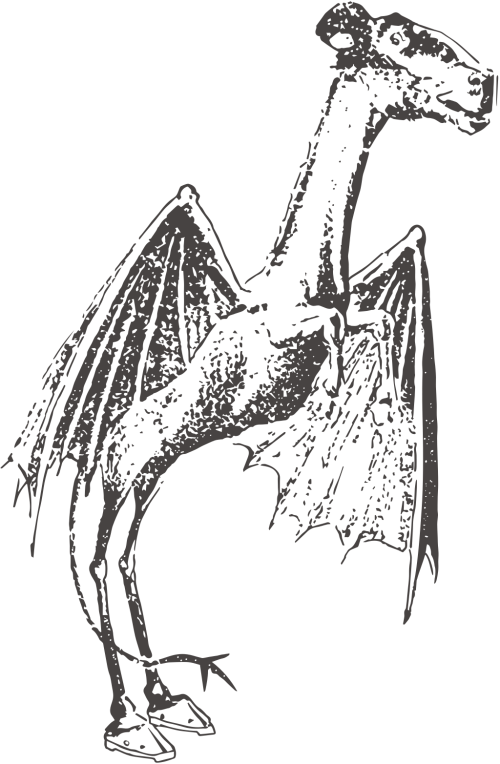 A stylized illustration of a dragon-like creature with bat wings and a horse-like body, standing upright.