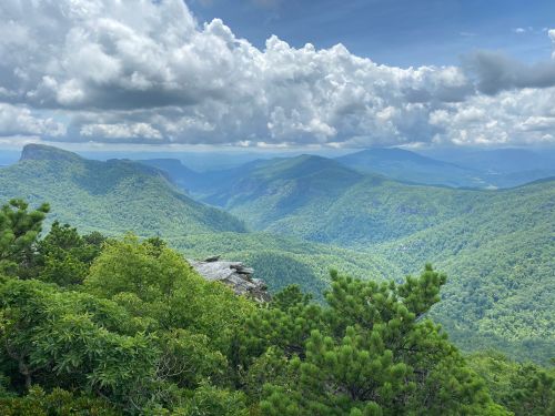 A panoramic view of lush green mountains under a cloudy sky, with valleys and peaks stretching into the distance.