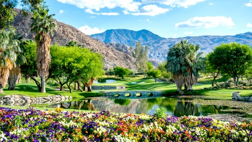 Lush golf course with palm trees, colorful flowers, and a serene pond reflecting mountains and blue skies.