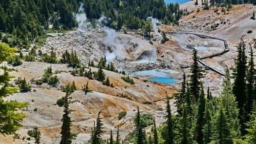 A geothermal landscape with steam rising from colorful mineral deposits, surrounded by evergreen trees and rocky terrain.