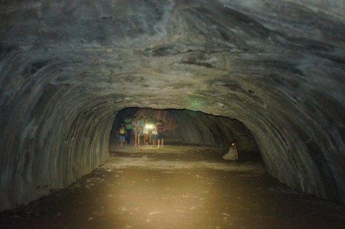 A group of people with flashlights exploring a large, dimly lit cave with smooth, curved walls.