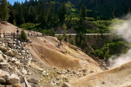 A scenic view of a geothermal area with rocky terrain, steam rising, and a road lined with trees in the background.
