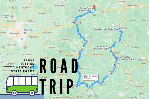 Map of a road trip route through Kentucky's least visited state parks, featuring a bus graphic and travel time.