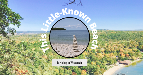 A serene beach scene in Wisconsin with stacked stones and lush greenery in the background. Text overlay highlights its hidden charm.