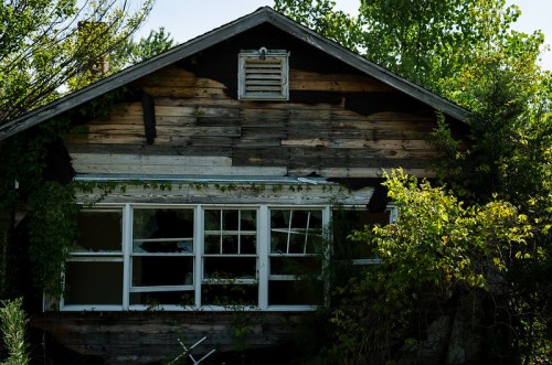 Abandoned house with a weathered wooden exterior, overgrown with vines and plants, and broken windows.